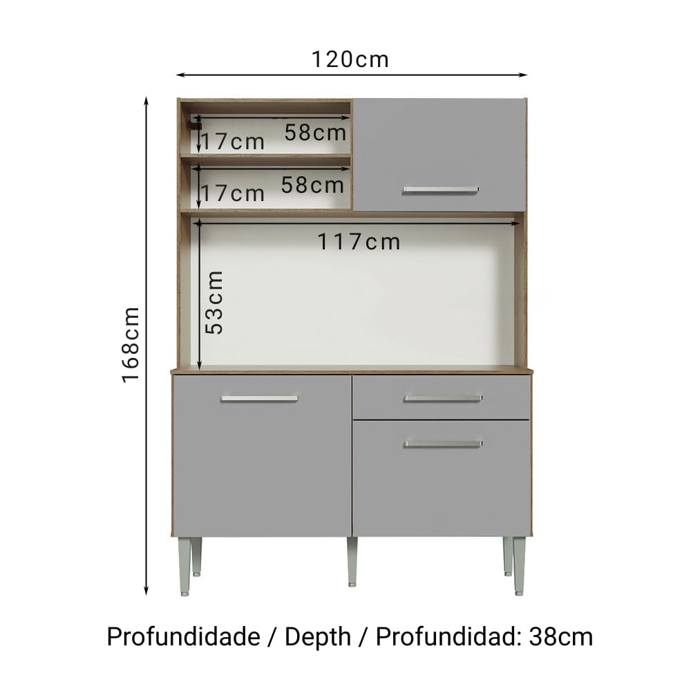 Madesa Compact Kitchen Set with Cabinets Ample Storage 120 Cm Wide with Multiple Compartments, 5 niches, 1 Drawers and PVC feet - Brown/Gray