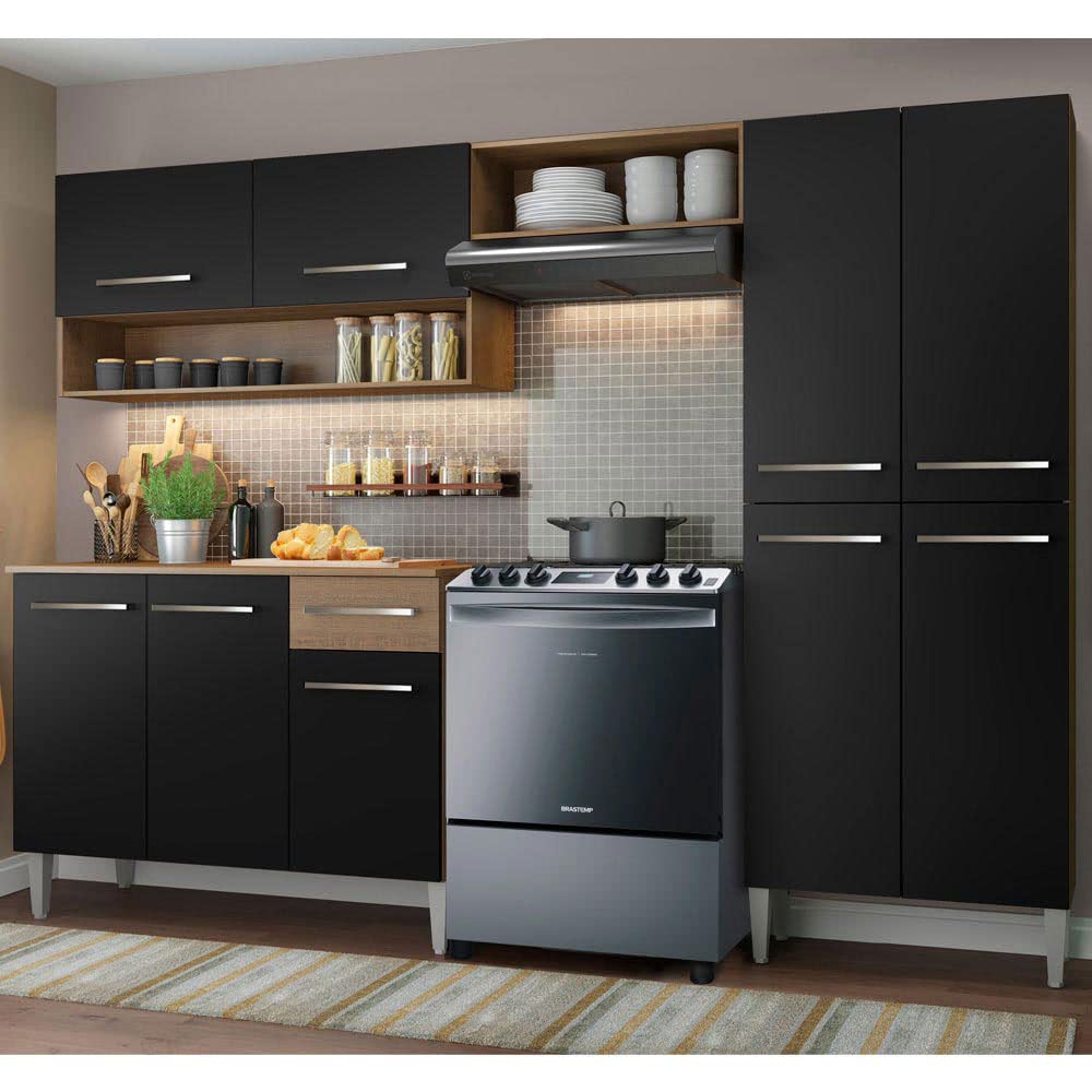Madesa Compact Kitchen Set with Cabinets Ample Storage 229 Cm Wide with Multiple Compartments, 10 niches, 1 Drawers and PVC feet - Brown/Black