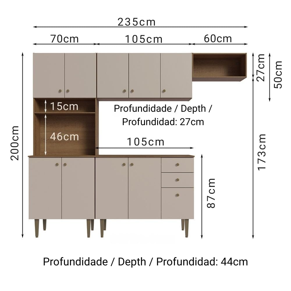 Madesa Compact Kitchen Set with Cabinets Ample Storage 235 Cm Wide with Multiple Compartments, 10 niches, 2 Drawers - Brown/Beige