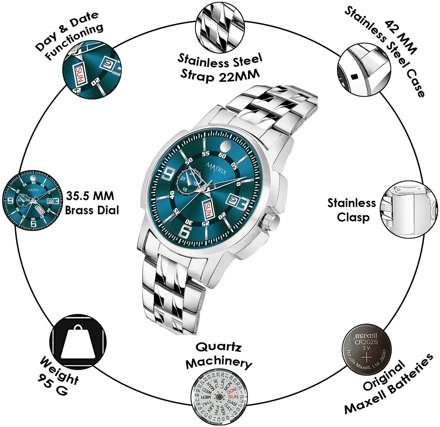 Matrix Black, Blue, White Dial, Day & Date Functioning, Stainless Steel Strap Analog Watch for Men & Women (Green)