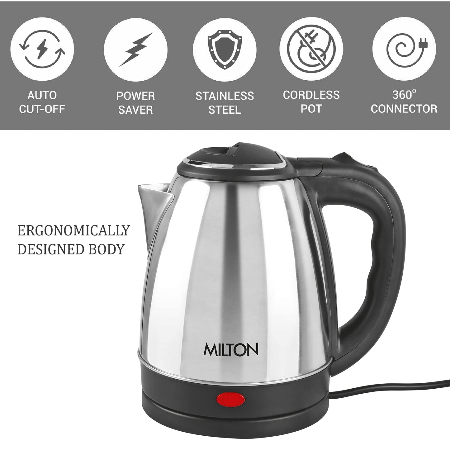 Milton Euroline Go Electro 1.2 Stainless Steel Electric Kettle, (1 Piece), 1.2 Litres, Silver | Power Indicator | 1500 Watts | Auto Cut-off | Detachable 360 Degree Connector | Boiler for Water