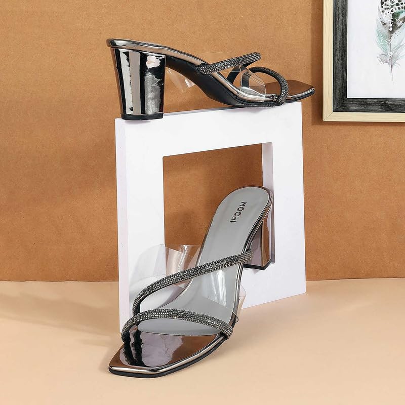 Mochi Women Gun-Metal Glittery Block Heel Party Fashion Sandals UK/5 EU/38 (35-328)
