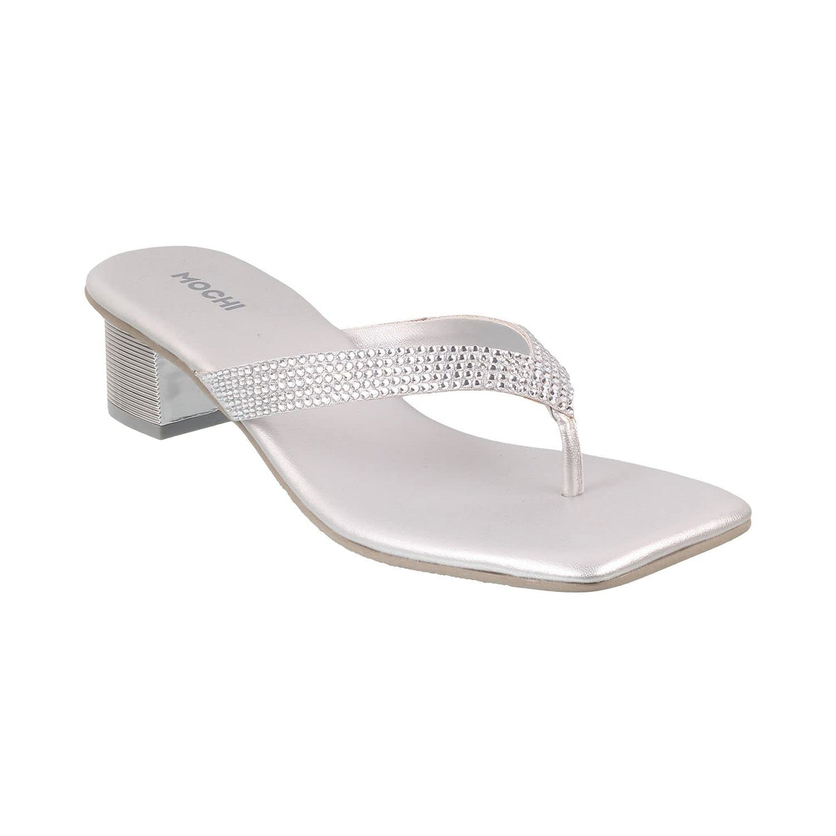 Mochi Women's Silver Faux Leather Square Toe Block Heel Thong Fashion Sandals UK/7 EU/40 (35-4990)