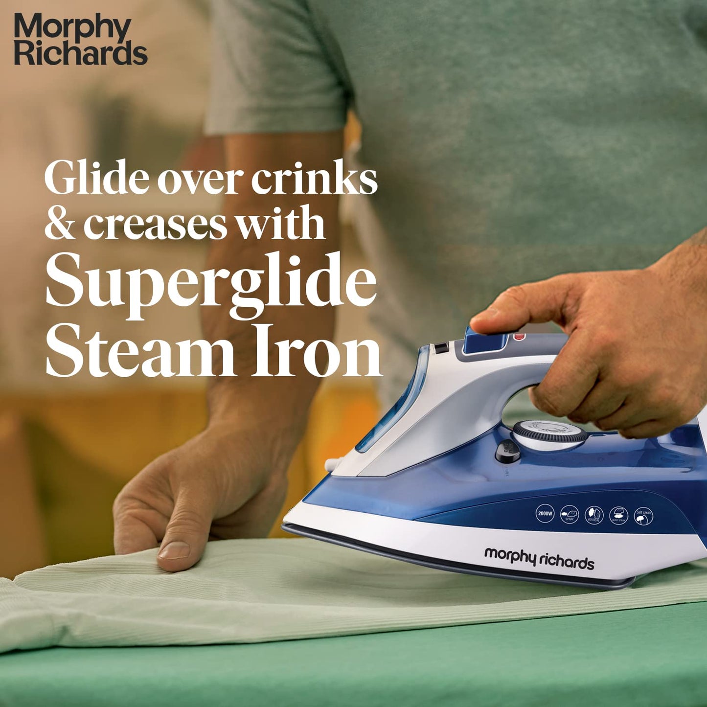 Morphy Richards Super Glide 2000 Watts Steam Iron With Steam Burst, Vertical And Horizontal Ironing, Ceramic Coated Soleplate, Blue