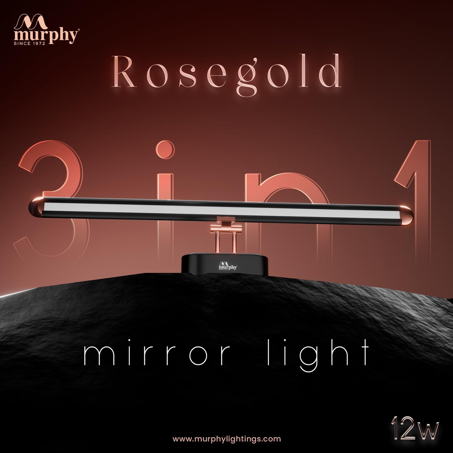 Murphy 12W 3-in-1 Color Chnaging Black Rose Gold Finish LED Mirror Picture Wall Light,Bathroom Vanity Led Mirror Light with 2 Year Warranty (Cool White/Warm White/Natural White)-Pack of 1