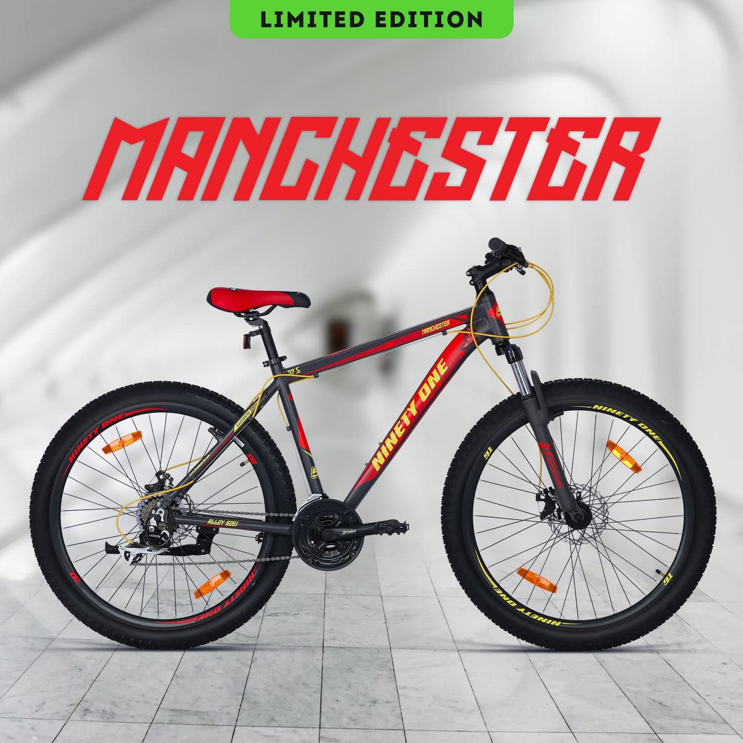 NINETY ONE Limited Edition Manchester 27.5T 21 Speed Shimano ACERA Gears Alloy Bike with Dual Disc Brake Hybrid Bike (Black and Red, 12+ Years, 27.5 x 2.2, 18.5 Inches Frame) for Men