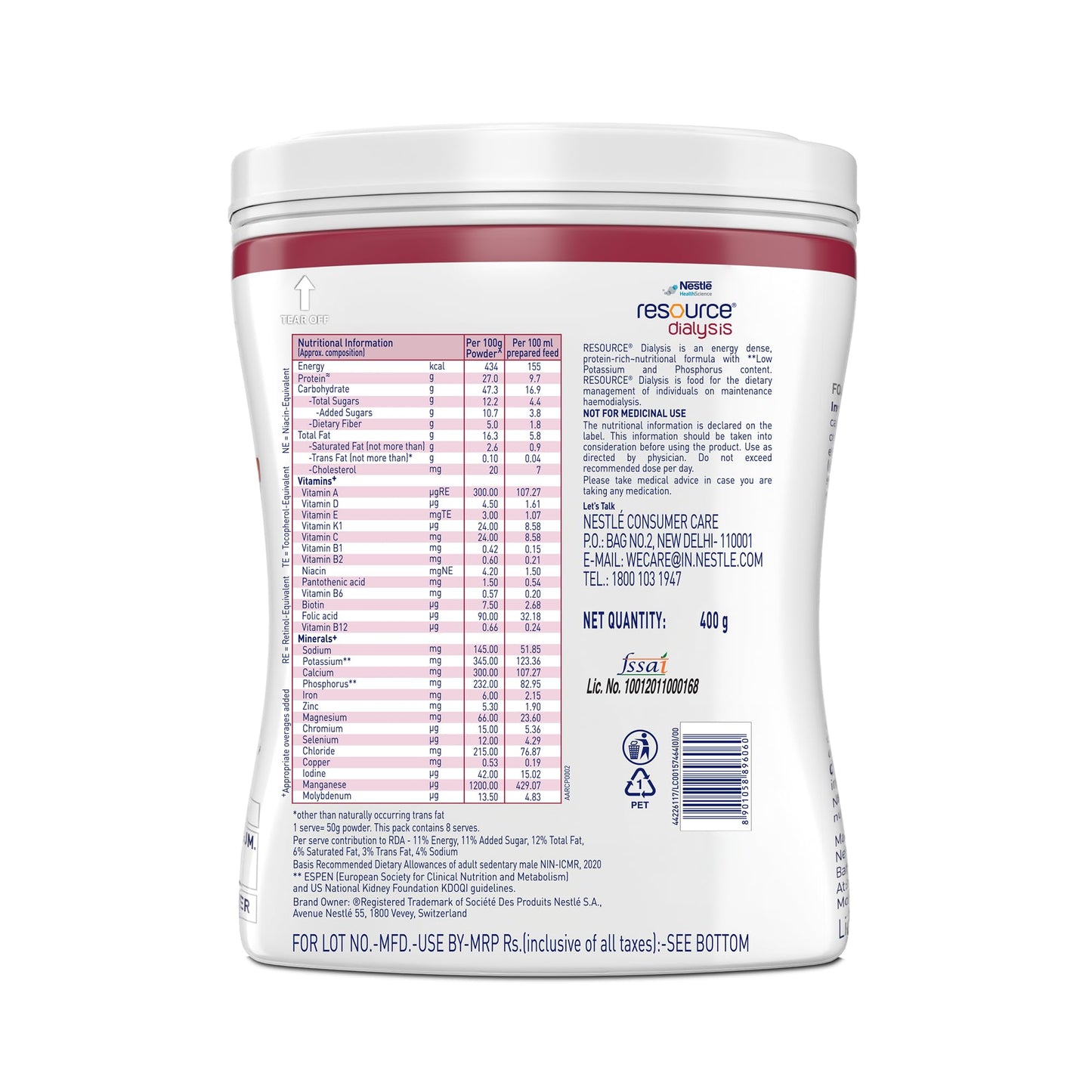 Nestle Health Science,RESOURCE, Dialysis, Food For Dietary Management, Vanilla Flavour, 400g, Pet Jar