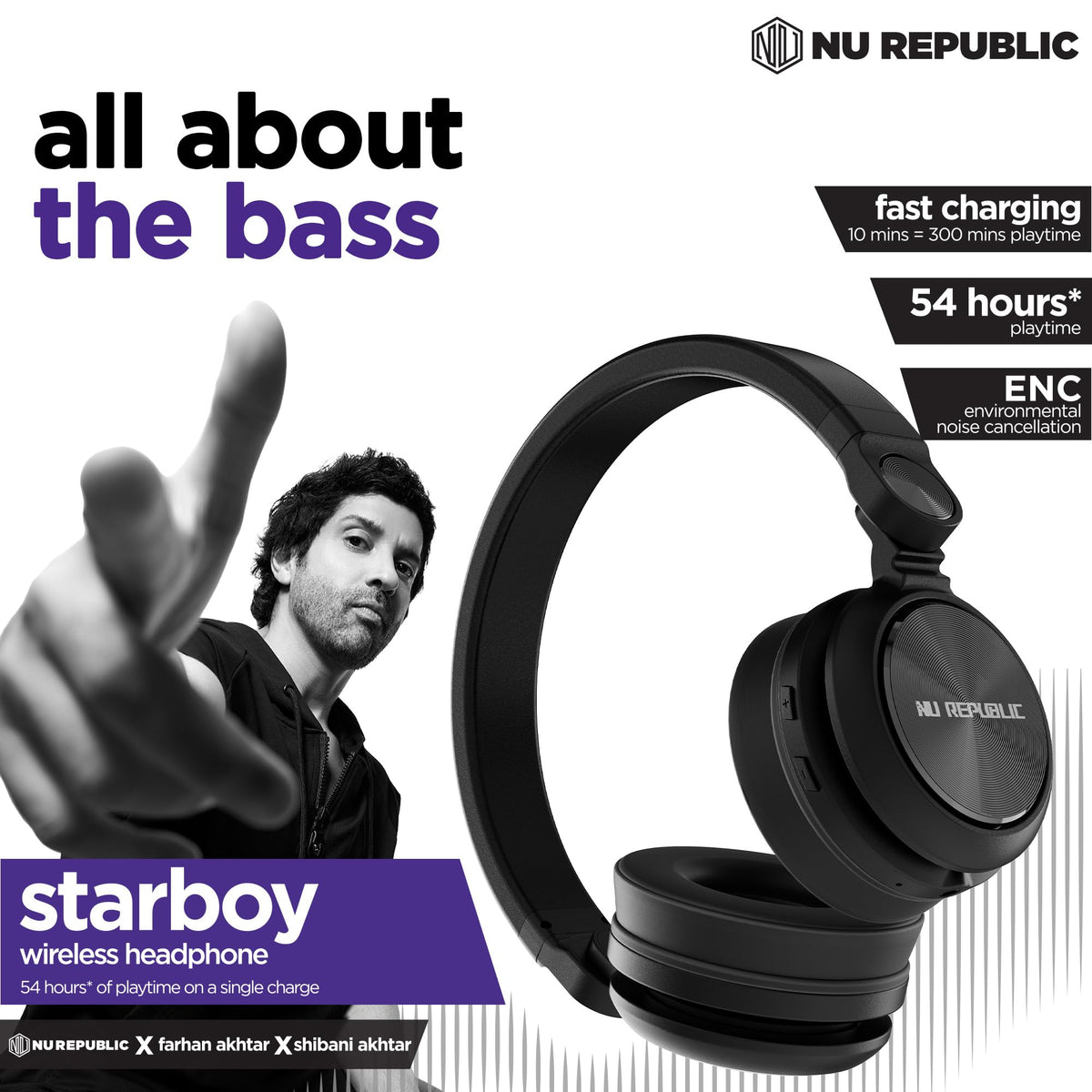 Nu Republic Starboy with 54 Hour Playtime,X-Bass® Technology,40mm Neodymium Drivers,Gaming Mode,Bluetooth V5.4,Dual Pairing,Dual Stereo,Type-C Fast Charging ENC Bluetooth Over Ear Headphones (Black)