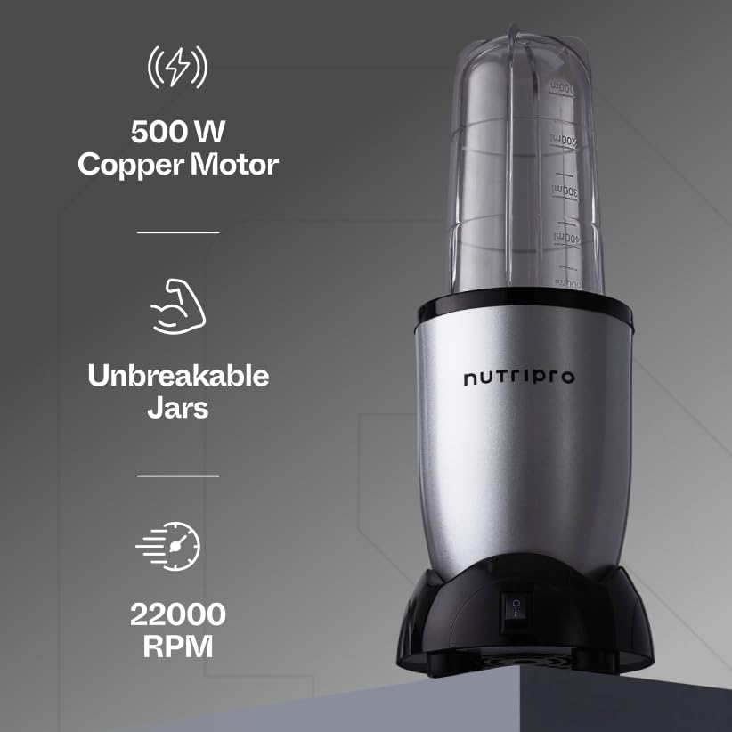 NutriPro Juicer Mixer Grinder - Smoothie Maker - 500 Watts (3 Jars & 2 Blades, Silver) - 2 Year Warranty