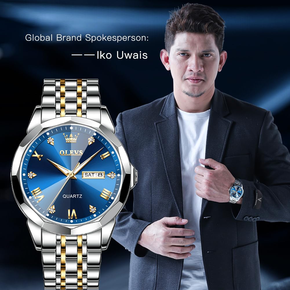 OLEVS Watch for Men Diamond Business Dress Analog Quartz Stainless Steel Waterproof Luminous Date Two Tone Luxury Casual Wrist Watch