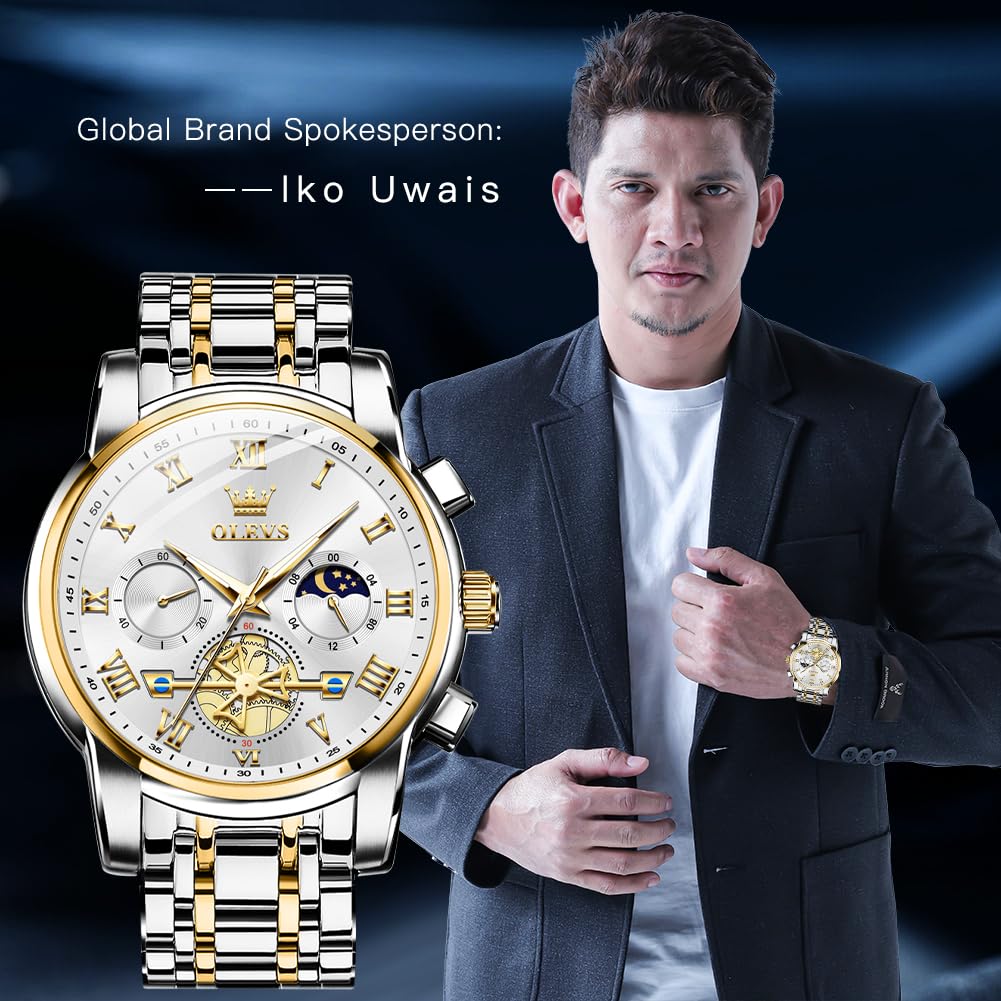 OLEVS Watches for Men Chronograph Business White Wrist Watches Analog Quartz Moon Phase Stainless Steel Waterproof Luminous Dress Watches