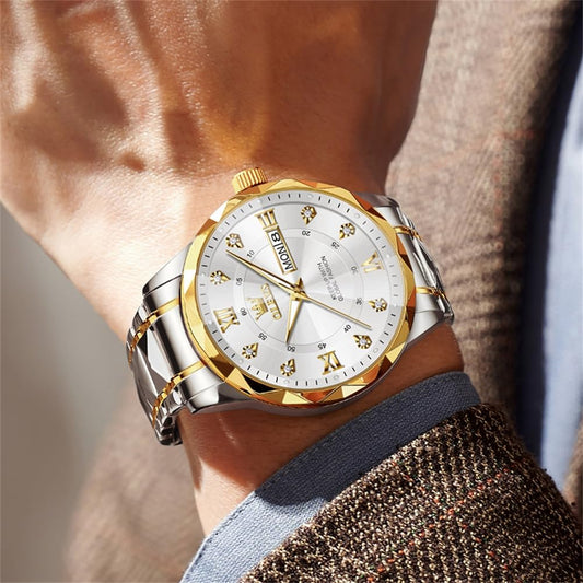 OLEVS Watches for Men Diamond Date Day Calendar White Wrist Watches Quartz Analog Stainless Steel Business Two Tone Waterproof Luminous Men Watch