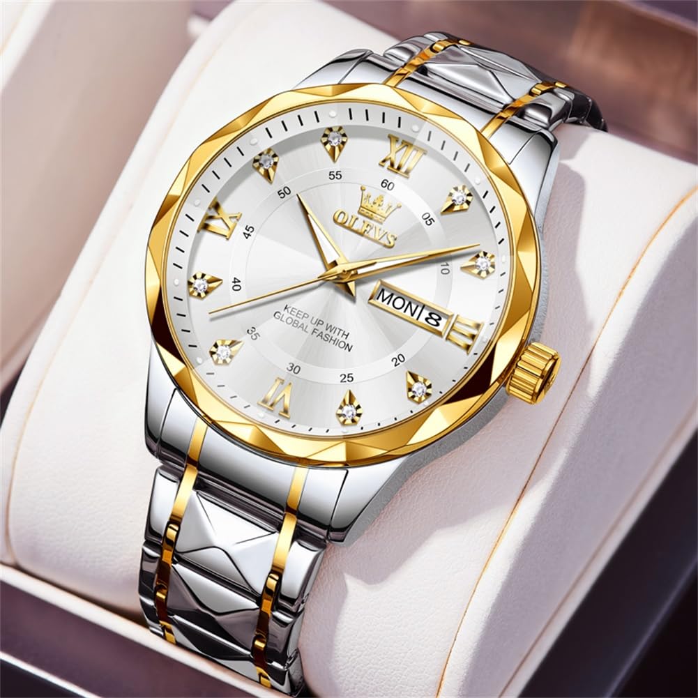 OLEVS Watches for Men Diamond Date Day Calendar White Wrist Watches Quartz Analog Stainless Steel Business Two Tone Waterproof Luminous Men Watch
