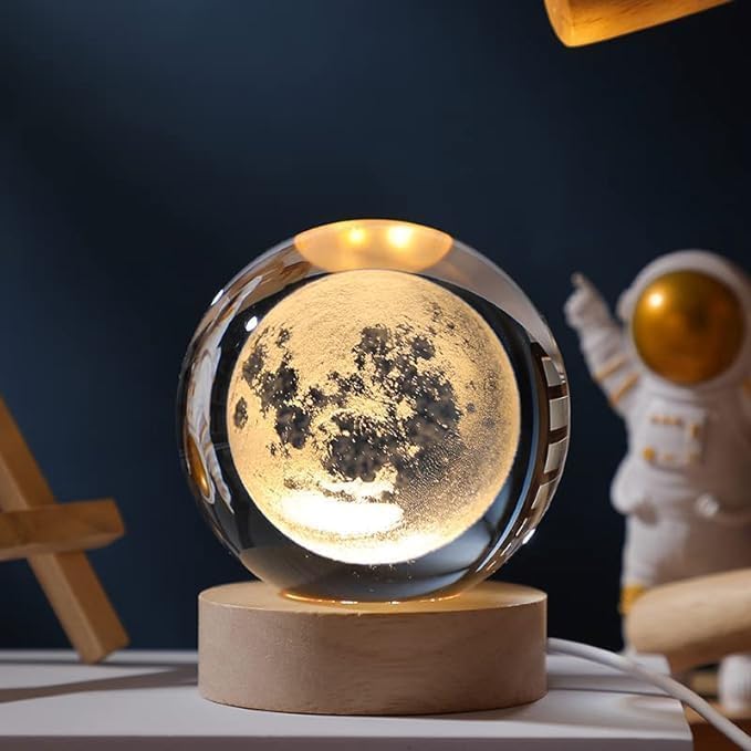 One94Store 3D Crystal Moon Lamp – Engraved Crystal Ball LED Night Light with Wooden Base, USB Powered, Ideal for Home & Office Décor, Birthday Gift for Adults (Warm White)