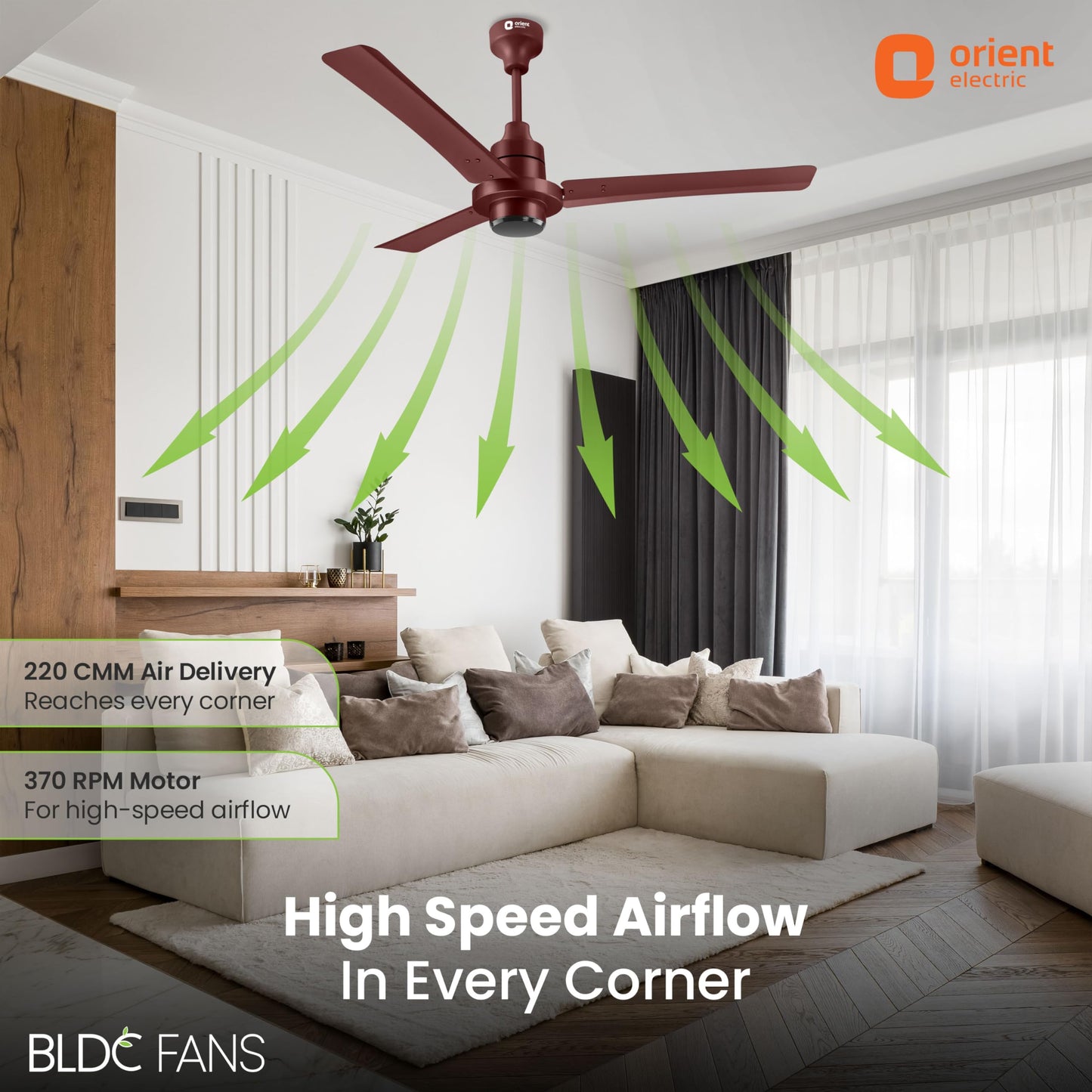 Orient Electric 1200 mm I Tome Remote | BLDC energy saving ceiling fan | BEE 5-star rated, consumes 26W at the highest speed | 3-year warranty by orient | Brown, pack of 1