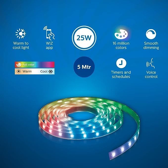 PHILIPS 5 meter Wi-Fi Smart LED Strip Light with Music Sync, Voice Control & Dimmable feature | Color changing RGB strip light for ceiling coves, tv and gaming monitors back lighting | Pack of 2 (Wiz)