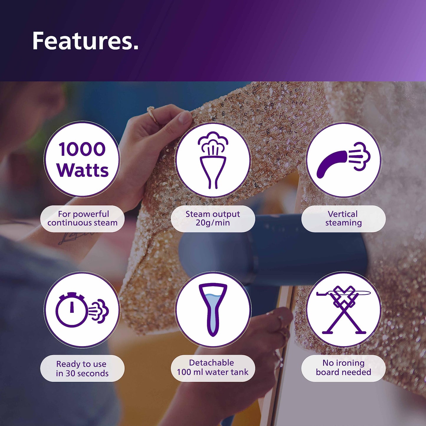 PHILIPS Handheld Garment Steamer STH3000/20 - Compact & Foldable, Convenient Vertical Steaming, 1000 Watt Quick Heat Up, up to 20g/min, Kills 99.9%* Bacteria (Reno Blue), Small