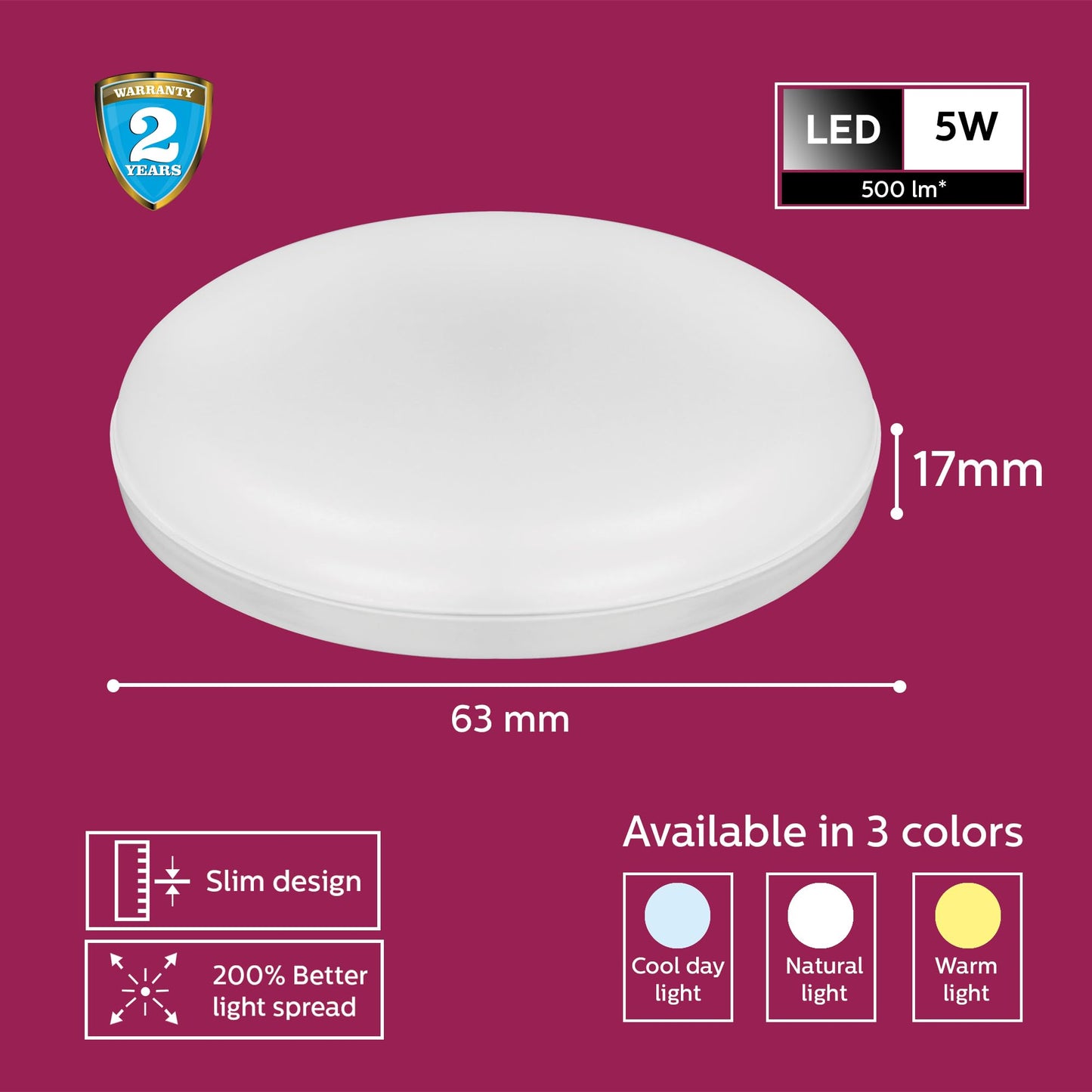 PHILIPS Rimless Full Glow 5-watt Round LED Surface Downlighter | Striker Surface Under Cabinet LED Light for Decoration | Warm White, Pack of 1