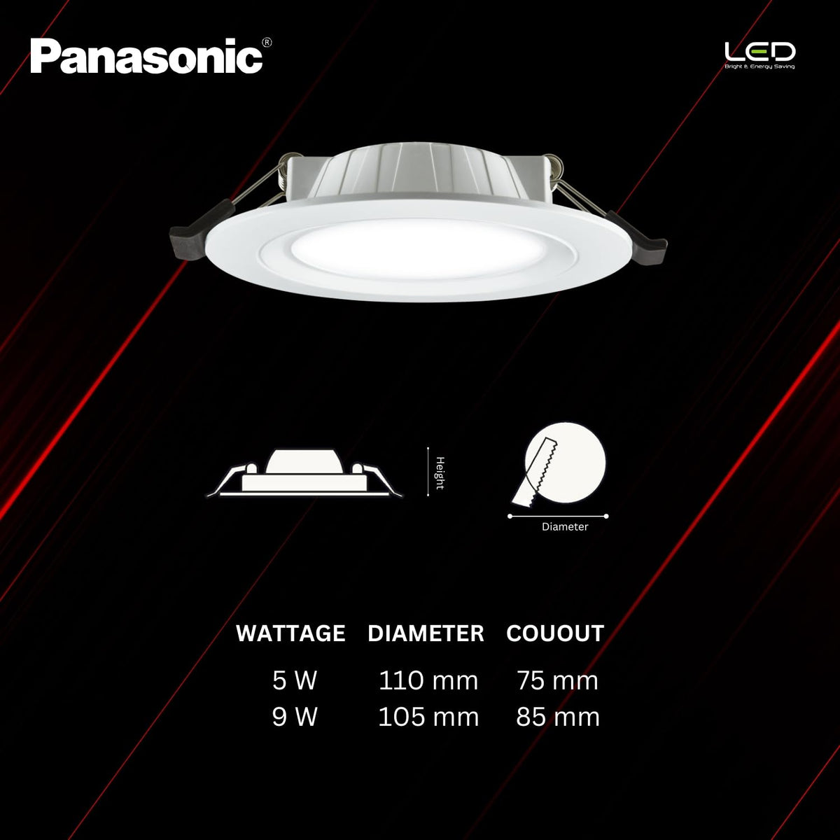 Panasonic 9 Watt LED Concealed Downlighter, LED Recessed Downlight, 85mm Cut Out, BIS & ROHS Certified, 4KV Surge Protection, Cool White Light (PDLM34097)