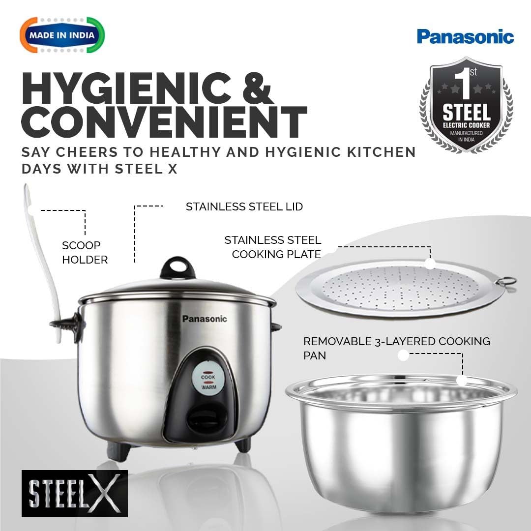 Panasonic SR-G18(SUS) I 660 Watts I Fully 304 Stainless Steel Automatic Electric Rice Cooker 1.8 Litres |3 Layer Stainless Steel Clad Pan, Lid and Plate I Cooks upto 1 Kg Raw Rice|With Keep Warm