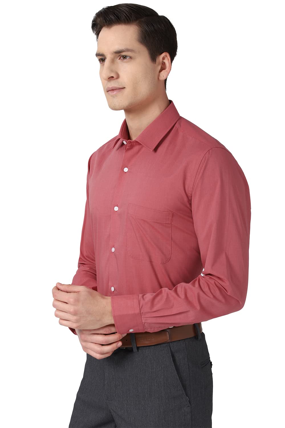 Peter England Men's Solid Regular Fit Shirt (PESFONUBM17140_Red 44)