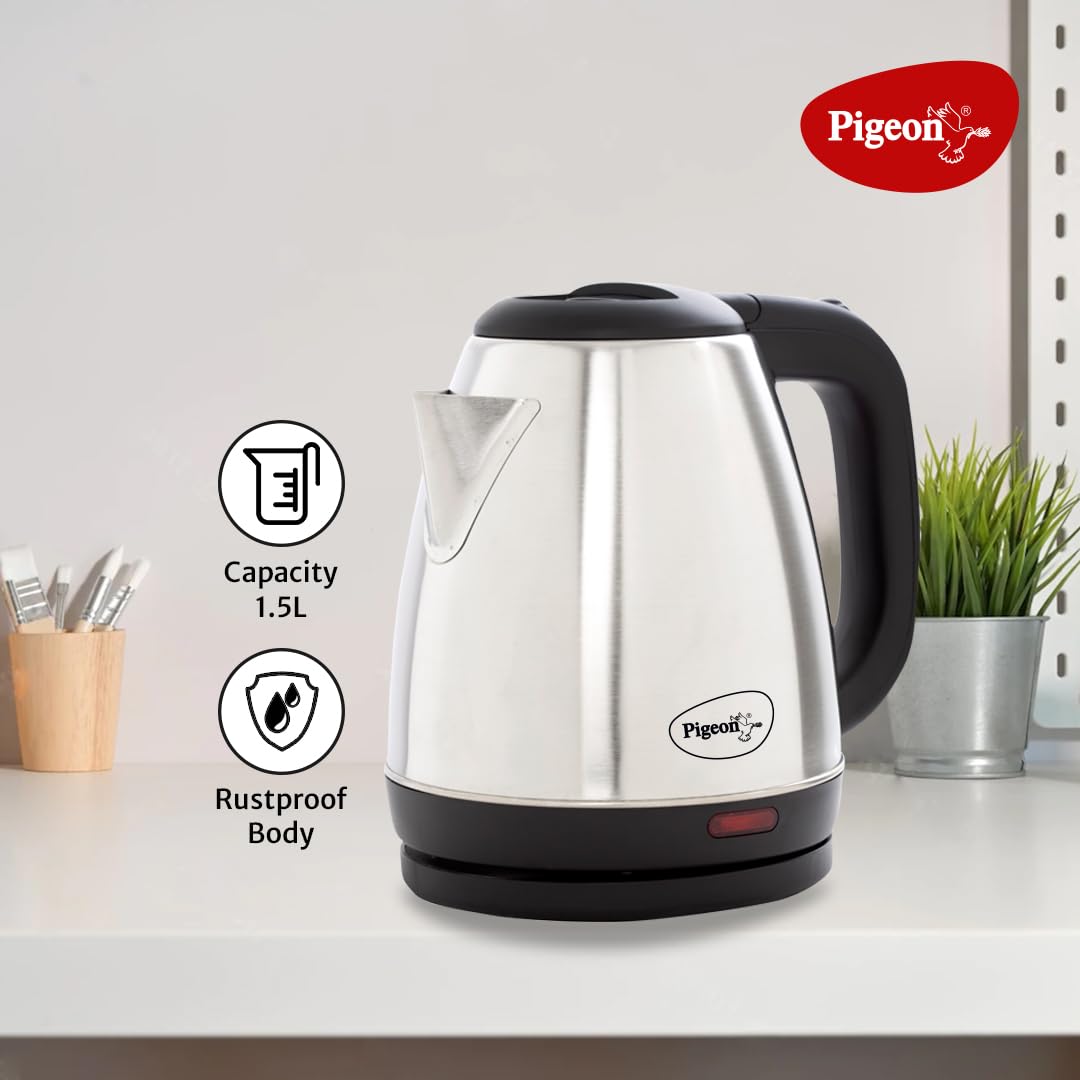 Pigeon 1.5 litre Hot Kettle and Stainless Steel Water Bottle Combo used for boiling Water, Making Tea and Coffee, Instant Noodles, Soup with Auto Shut- off Feature