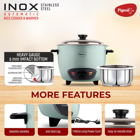 Pigeon Inox Rice Cooker with Single pot, 1 litres | Stainless Steel Lid | 400 Watts | 1 Steel Cooking Pot | Measuring Cup | Spatula | Energy Efficient Cooking