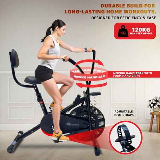 PowerMax Fitness BU-201 Dual Action Air Bike/Exercise Bike for Home |Gym Cycle for Workout With Adjustable Cushioned Seat | Non-Slip Pedals | Moving Handles Black Gym Bike, Max user weight 120 KG