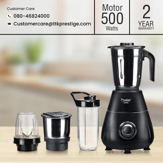 Prestige Apex Blendo 500W 4Jars Mixer Grinder|2 Full Size Stainless Steel Jar|2 Nutri-Blend Jar|3 Super Efficient Blades|Black