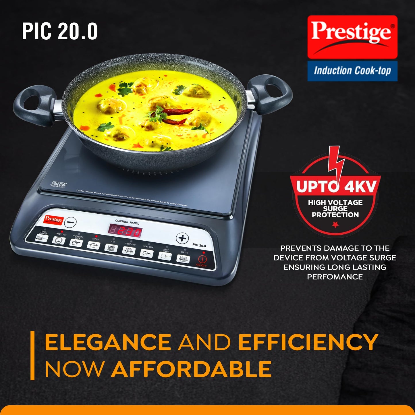 Prestige PIC 20 1600 Watts Induction Cooktop |Indian Menu Option |High Voltage Surge Protection| Automatic Power & Temperature Adjustment|1 year Warranty |Black