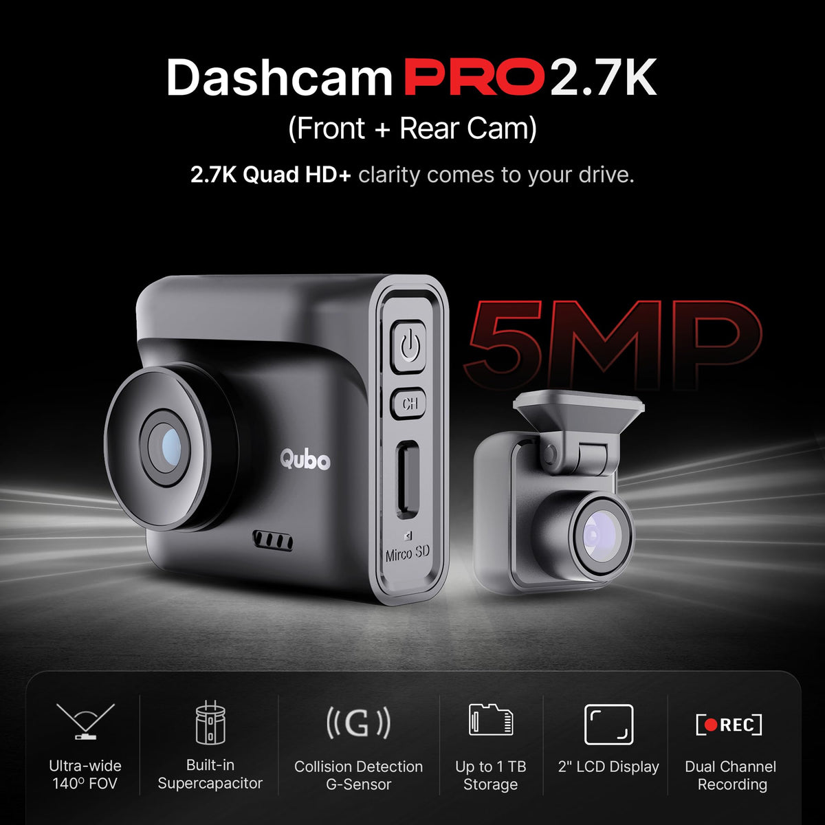 Qubo Car Dashcam Pro 2.7K | Dual Channel | Hero Group | NightPulse Vision | 5MP QHD+ Front (140°), 2MP FHD Rear | G-Sensor | 2" LCD | Built-in GPS, Wi-Fi, Mic | App | Up to 1TB Storage| Made in India