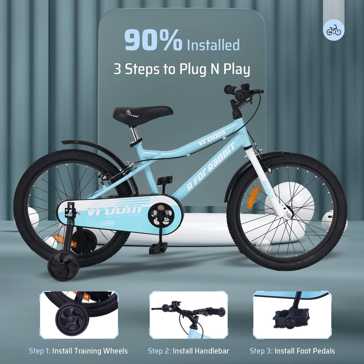 R for Rabbit Vroom Bicycle for Kids Cycle 20T Inches for 7 to 10 Years Boys & Girls with Training Wheels | 90% Installed | Upto 50 Kgs Weight Capacity (Lake Blue)