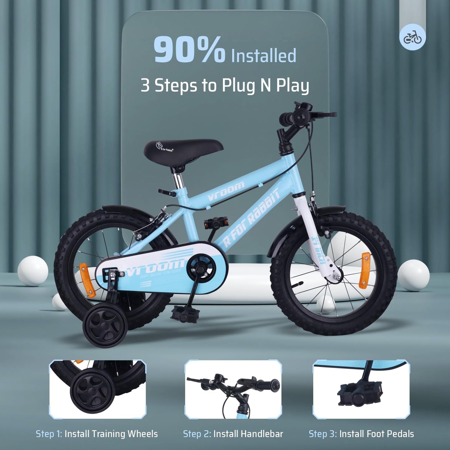 R for Rabbit Vroom Bicycle for Kids Cycle for 3 to 5 Years Boys & Girls 14T Inches | Training Wheels| 90% Installed (Lake Blue)