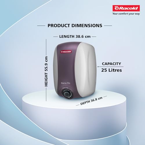Racold Eterno Pro Storage Water Heater (Geyser) 25L with ABS Body – Corrosion Prevention with Titanium Enameled Coating, 7 Yrs Warranty on Tank, Energy Efficient, Free Standard Installation & Pipes