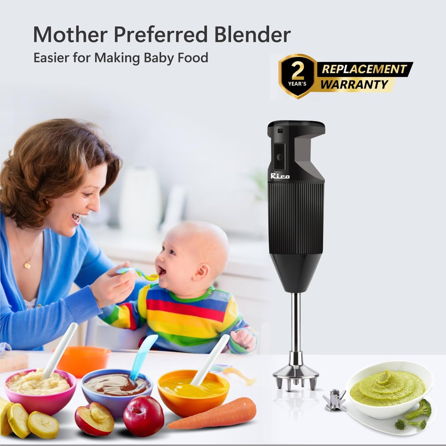 Rico Heavy Duty Portable Hand Blender For Kitchen | 2 Years Replacement Warranty | 5 Blades for Making Juice, Chutney, Smoothie, Whipping & Chopper for Easy Cutting | Non Seed Crushing Juicer Blade