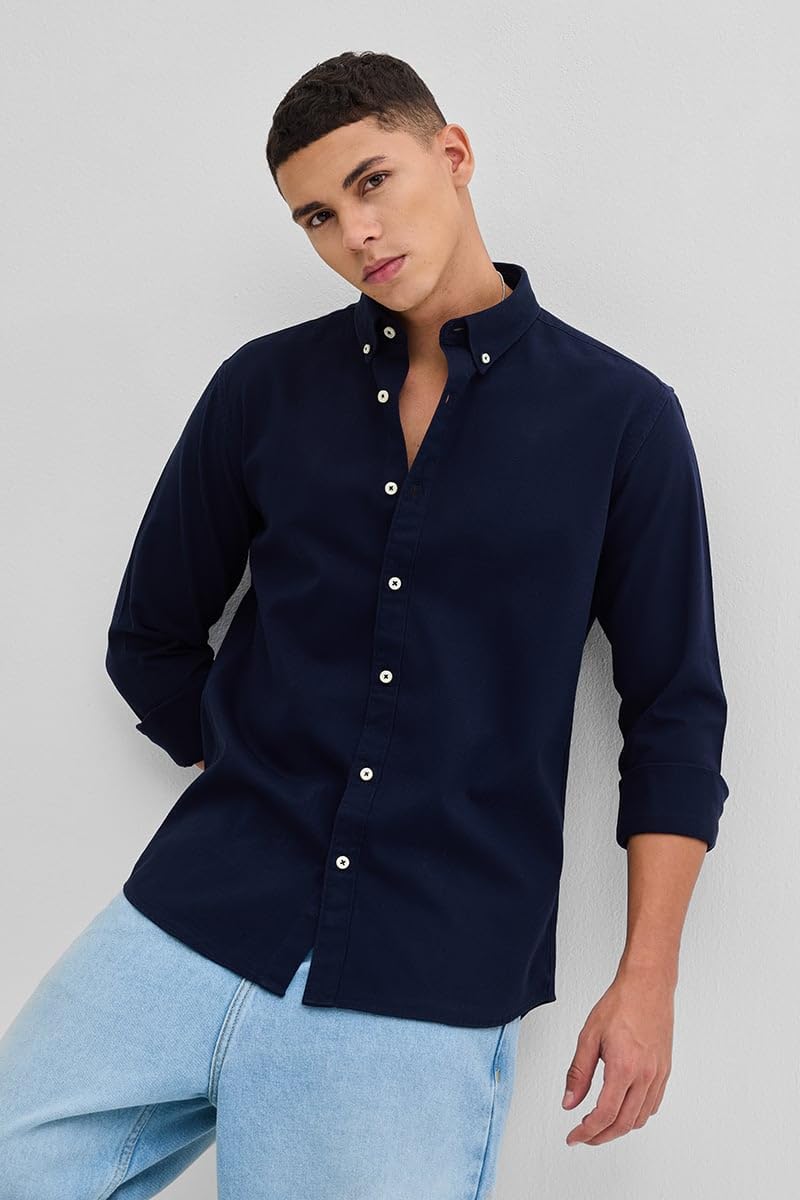 SNITCH Navy Slim Fit Solid Oxford Shirts
