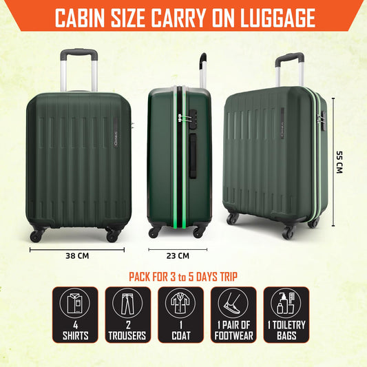 Safari Genius Alley 55cm Cabin Trolley Bag Hard Case Polypropylene, 4 Spinner Wheels, 360 Degree Wheeling Carry on Luggage, Travel Bag, Suitcase for Travel, Trolley Bags for Travel, Deep Forrest