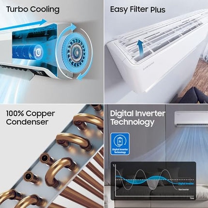 Samsung 1 Ton 3 Star Digital Inverter Split AC (Faster & Powerful Cooling even at 58 Degree C, 100% Copper, 5 year comprehensive warranty, 5 Step Convertible, AR50F12D0LHNNA, White)