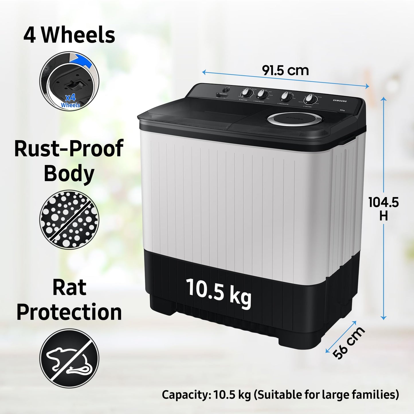 Samsung 10.5 kg, 5 star, Semi-Automatic Top Load Washing Machine (WT10C4260GG/TL, Air Turbo Drying, Light Gray,)