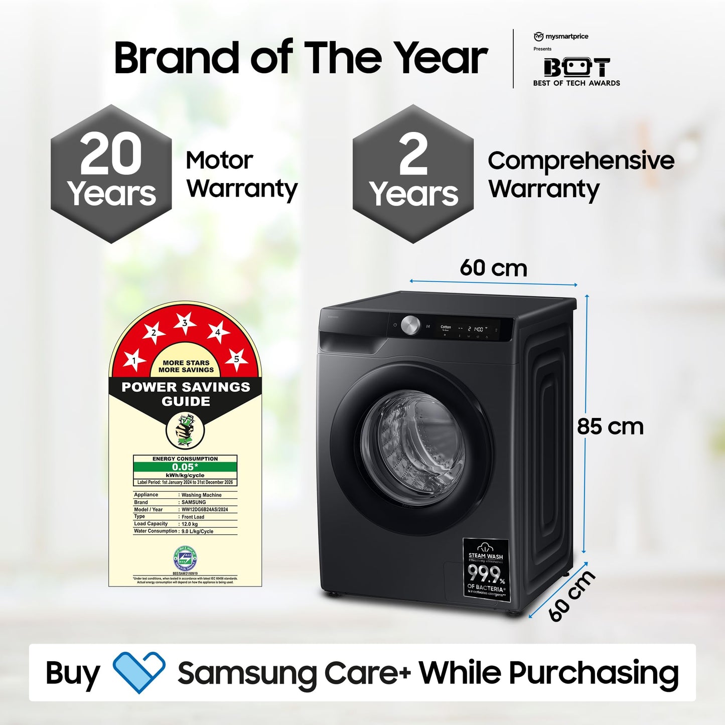 Samsung 12 kg, 5 Star, AI Control, Super Speed, Wi-Fi, Hygiene Steam with Inbuilt Heater, Digital Inverter, Fully-Automatic Front Load Washing Machine (WW12DG6B24ABTL, Black)