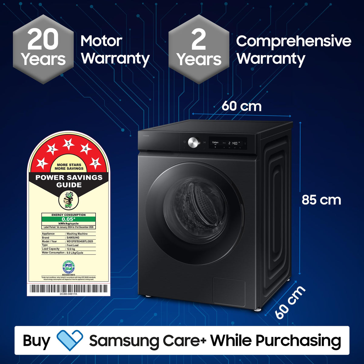 Samsung 12 kg (Wash) / 7 kg (Dry), 5 Star, AI EcoBubble, AI Control, AI Energy Mode, Air Wash, Hygiene Steam, Wi-Fi, Digital Inverter, Fully-Automatic Front Load Washer Dryer (WD12FB7B34GBTL, Black)