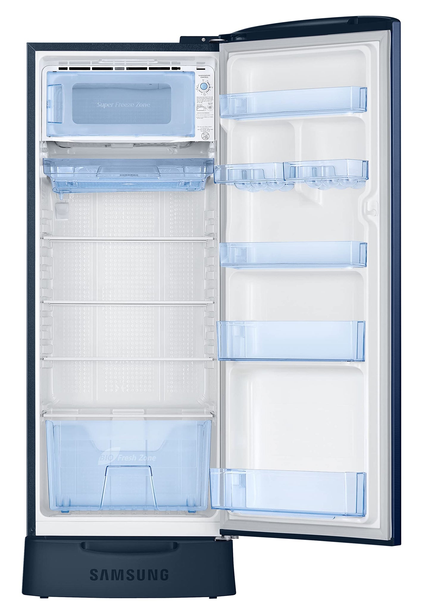 Samsung 223L 3 Star Inverter Direct-Cool Single Door Refrigerator Appliance (RR24C2823CU/NL,Camellia Blue) Base Stand Drawer