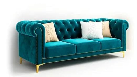 Sky Rise Decor Modern Classic 5 Seater Fabric & Valvet Tufted 3+1+1 Footrest Chesterfield Sofa Living Room and Office (Teal Green)