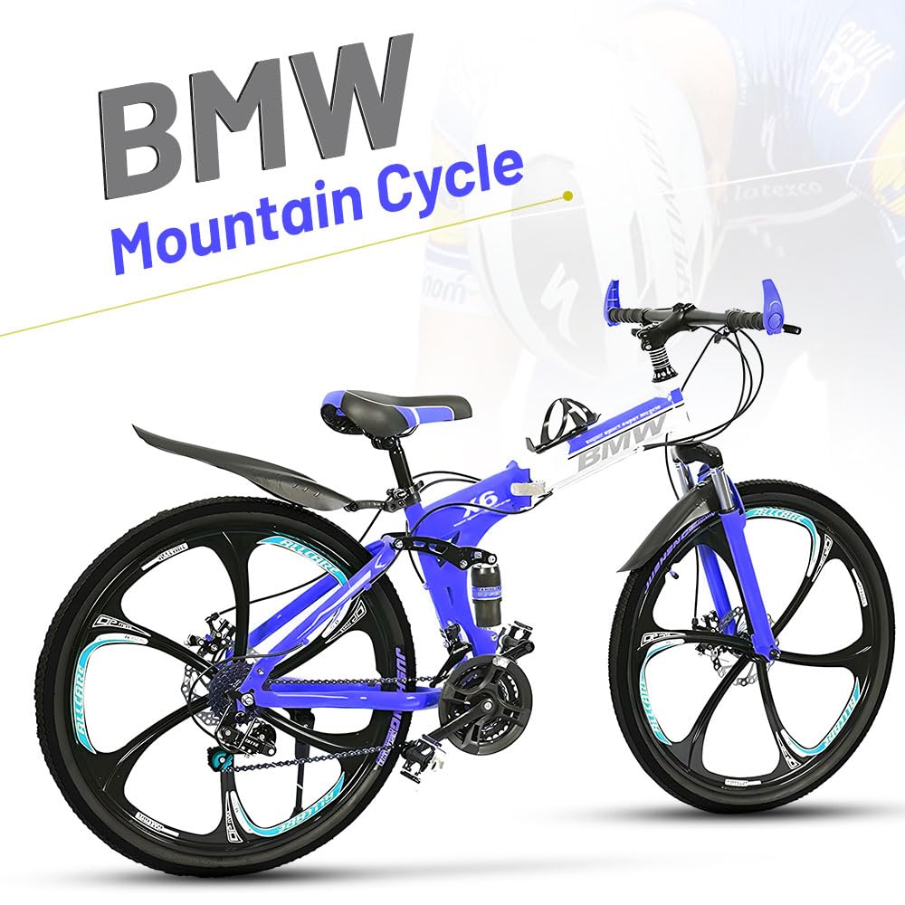 Skyride X6 Foldable Cycle With 21 Speed Gear, Dual Disc Brake, Carbon Frame Suspension Bicycle for Men, 26-Inch Wheel Size (Blue) Cruiser Bike