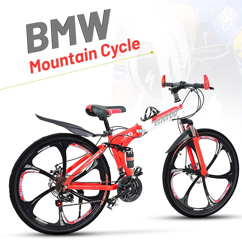 Skyride X6 Foldable Cycle With 21 Speed Gear, Dual Disc Brake, Carbon Frame Suspension Bicycle for Men, 26-Inch Wheel Size (Red) Cruiser Bike