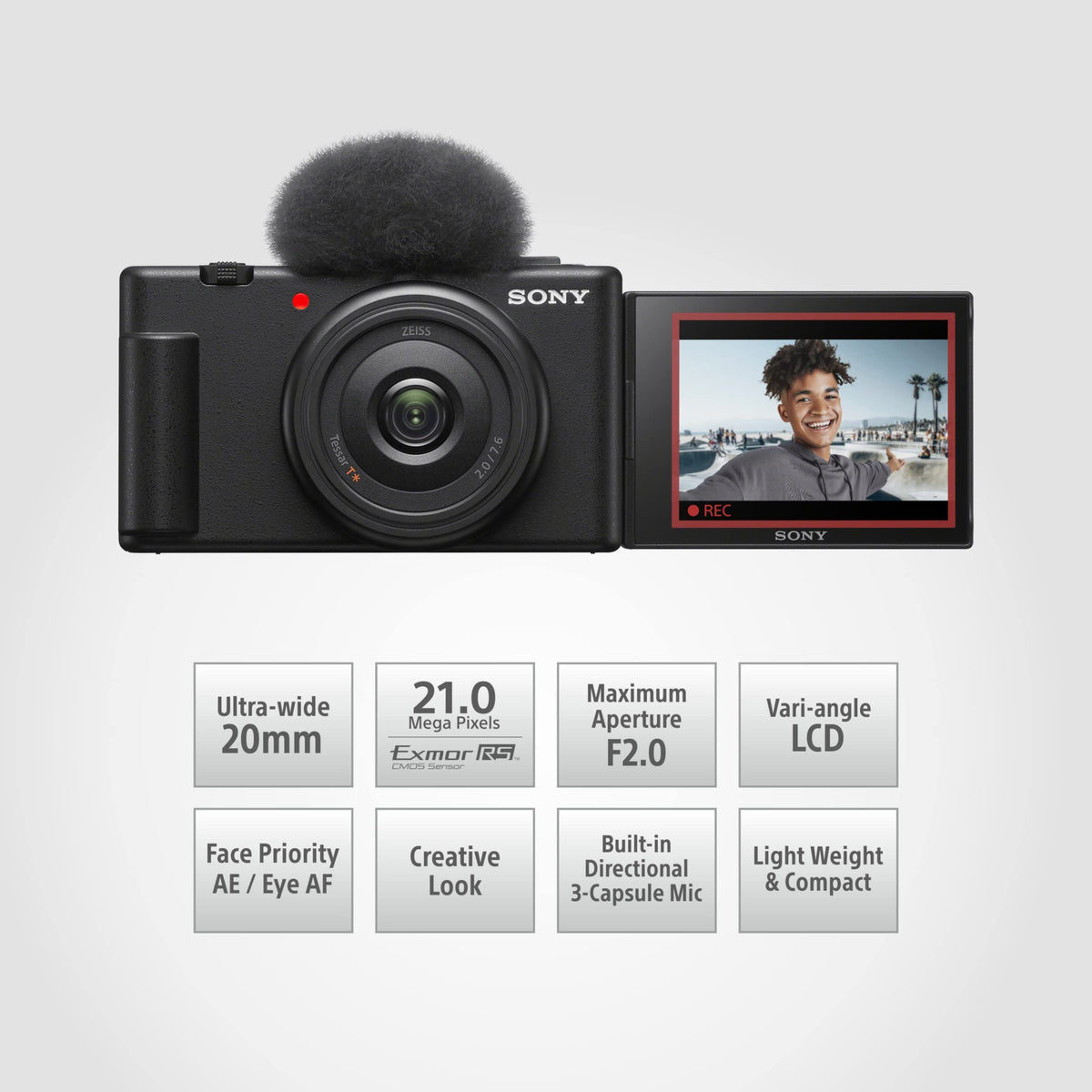 Sony Digital Camera ZV-1F for Content Creators with Ultra-Wide 20mm Prime Lens | Soft Skin Feature | Bokeh | Creative Look | Active Mode Stabilisation -Black