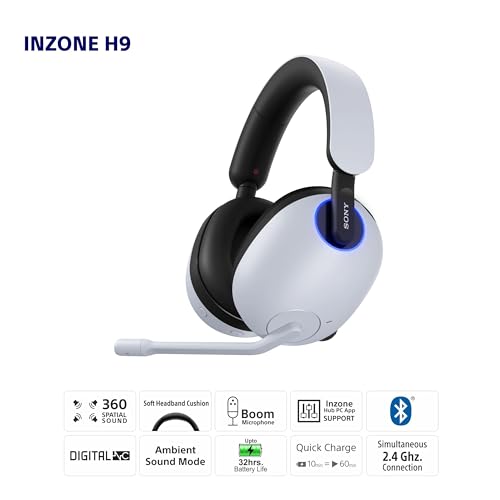 Sony INZONE H9, WH-G900N Wireless Noise Cancelling Gaming Headset, Over-Ear Headphones with 360 Spatial Sound, 32 Hours Battery Life, flip to Mute mic, Mobile, Laptop, PS5 & PC Compatible (White)
