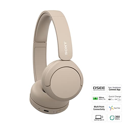 Sony WH-CH520 Wireless Bluetooth Headphones with Mic, Up to 50Hrs Battery-Beige