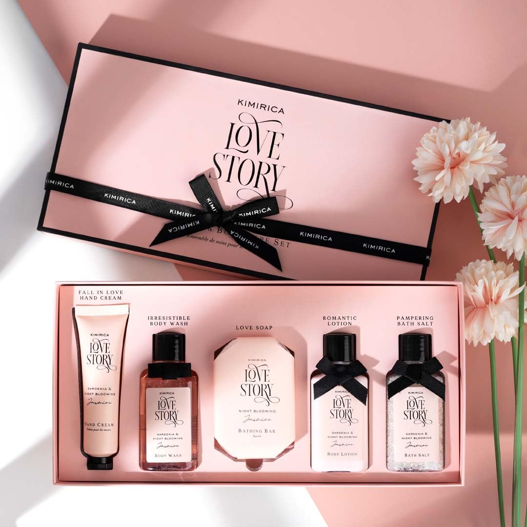 Kimirica Love Story Luxury Bath and Body Care Gift Set Box | Bath Salt, Body Wash, Body Lotion, Bathing Bar and Hand cream | Pack of 5 | For Men and Women | Pampering Kit for Birthday ,Anniversary & All Special Occasions | Premium Gift Packaging 100% Vega