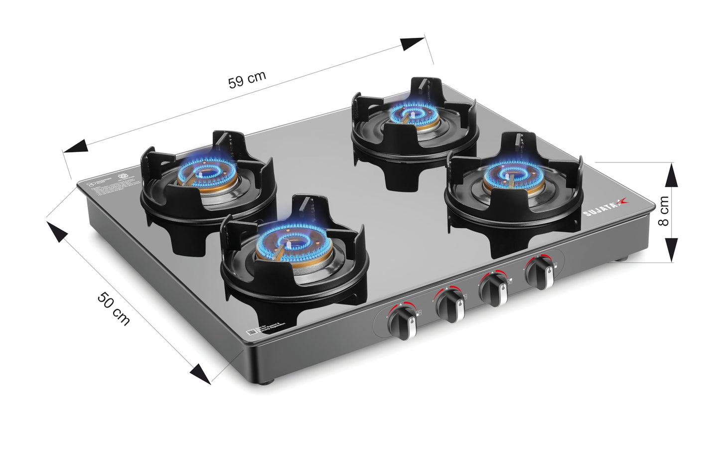 Sujata Deluxe Auto Ignition Gas Stove | 9 Years Warranty | Gas Stove 4 Burners Glass Top, 4 Burner Stove, SABAF, ISI Certified, LPG & PNG Compatible, Jumbo Brass Burner (Black)